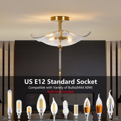 Gold Cracked Petal Glass Semi Flush Mount Ceiling Light — 2 Light — 16.5 Inch