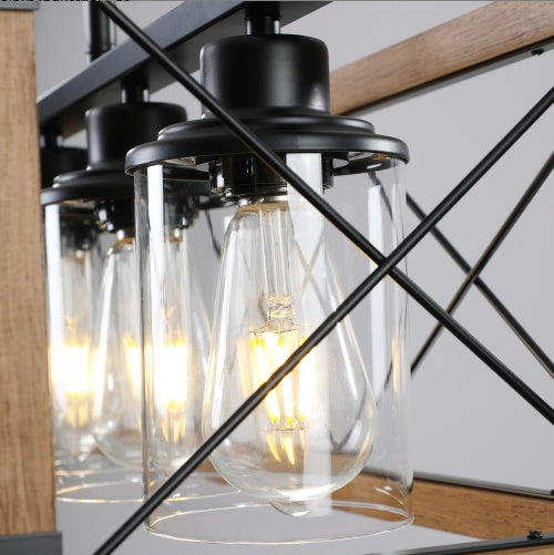 Walnut Industrial Farmhouse Chandelier — 5 Light — 32 Inch Rectangle Ceiling Light