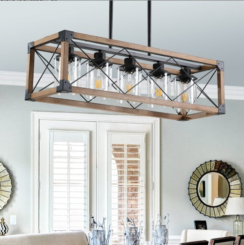 Walnut Industrial Farmhouse Chandelier — 5 Light — 32 Inch Rectangle Ceiling Light