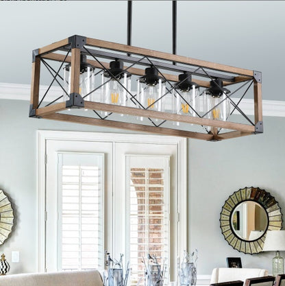 Walnut Industrial Farmhouse Chandelier — 5 Light — 32 Inch Rectangle Ceiling Light