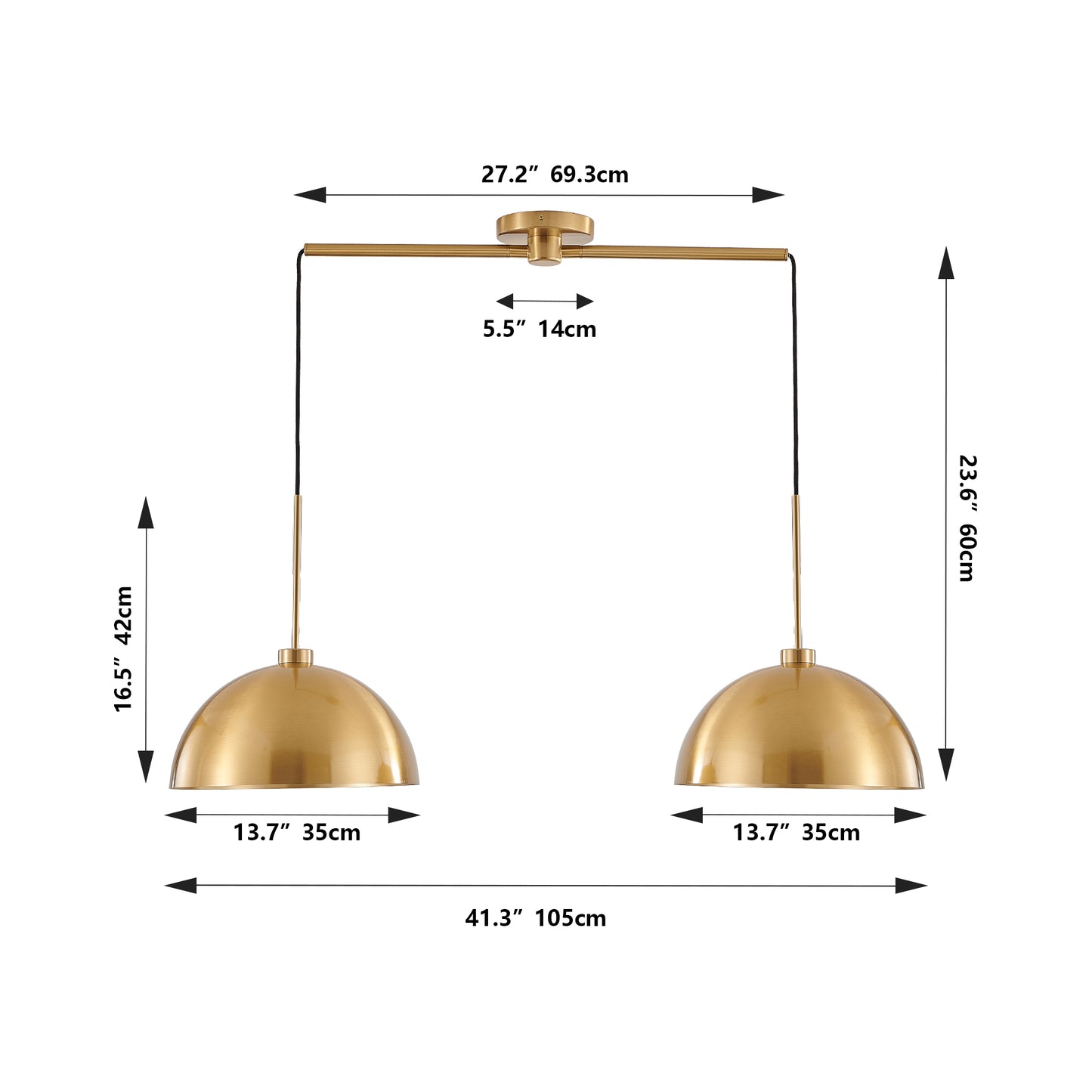 Brushed Copper Dome Double Chandelier — 2 Light — 41 Inch