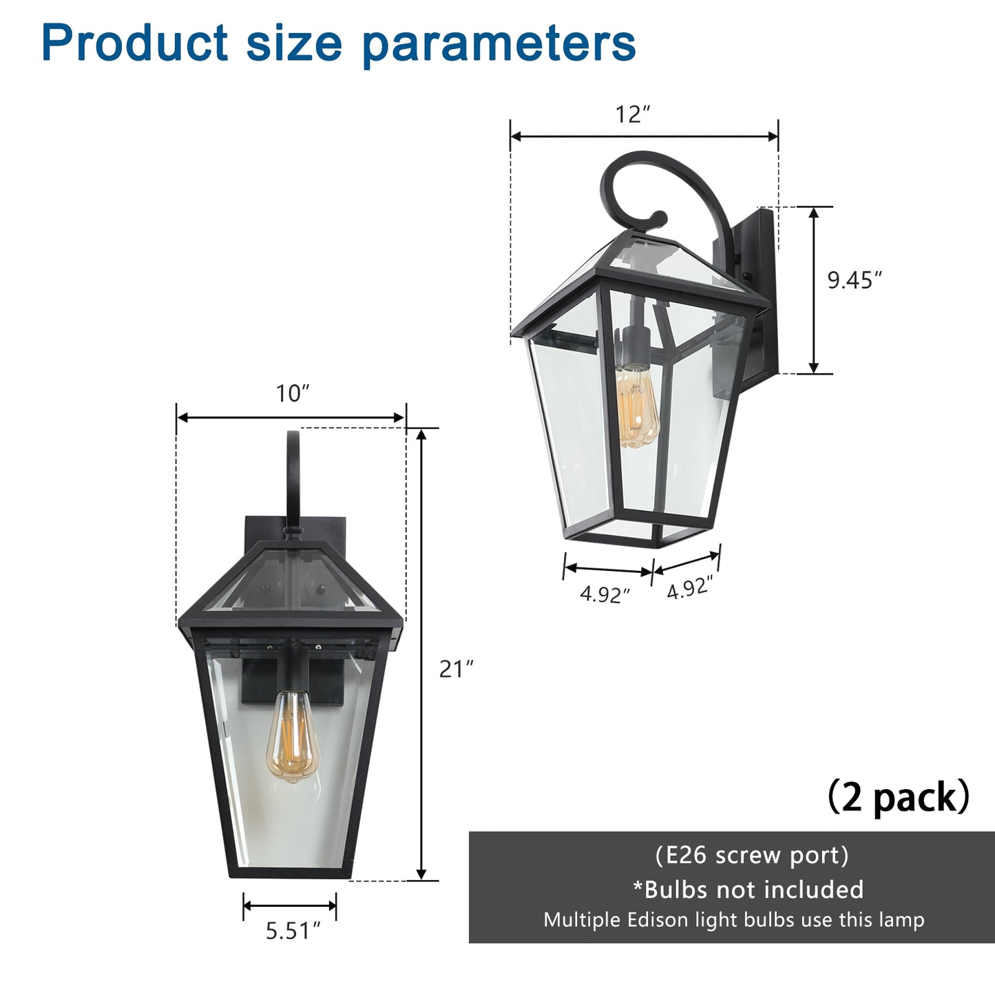 Matte Black Outdoor Lantern Wall Sconce — Set of 2
