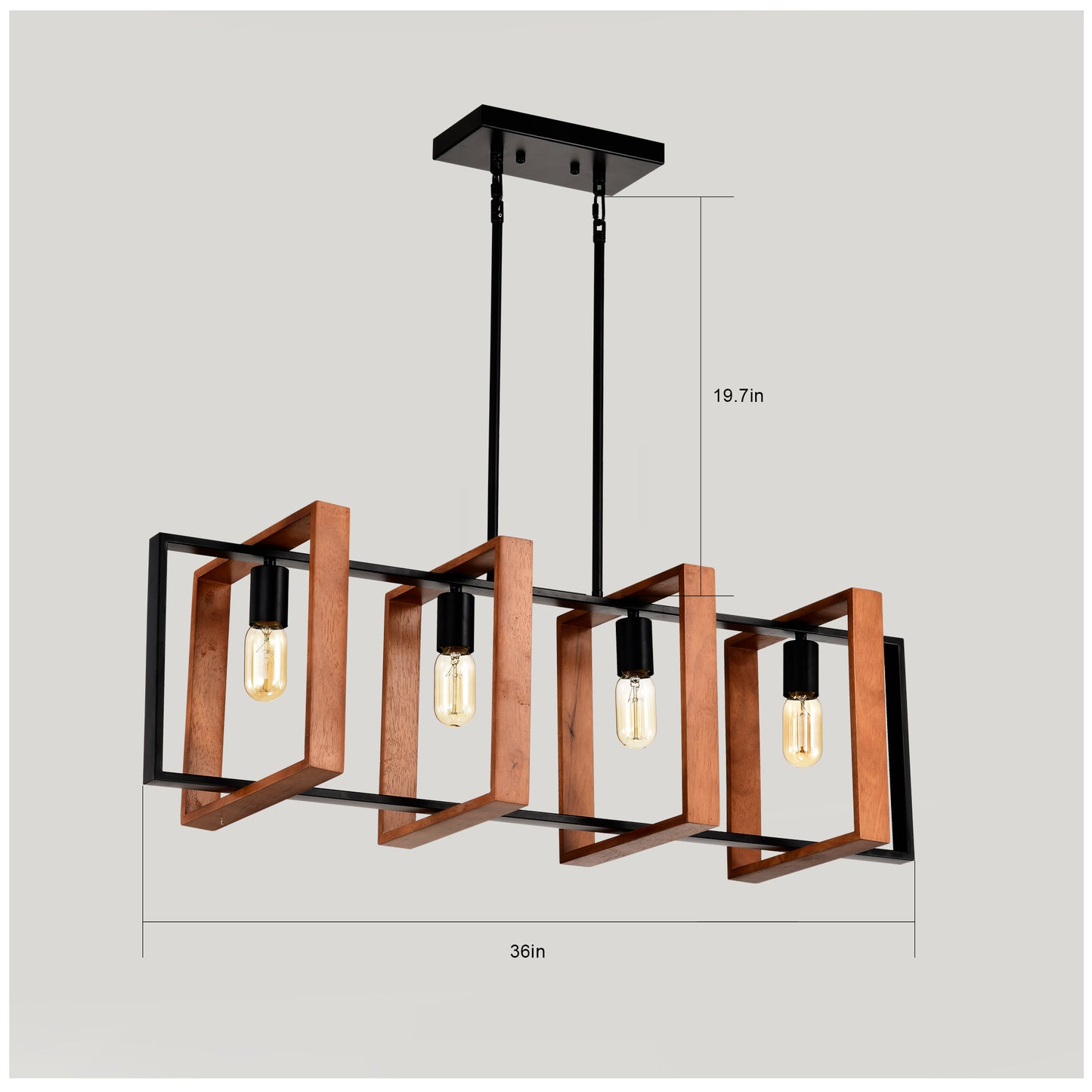 Rustic Wood and Black Metal Rectangle Chandelier — 4 Light — 36 Inch