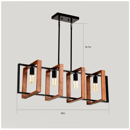 Rustic Wood and Black Metal Rectangle Chandelier — 4 Light — 36 Inch