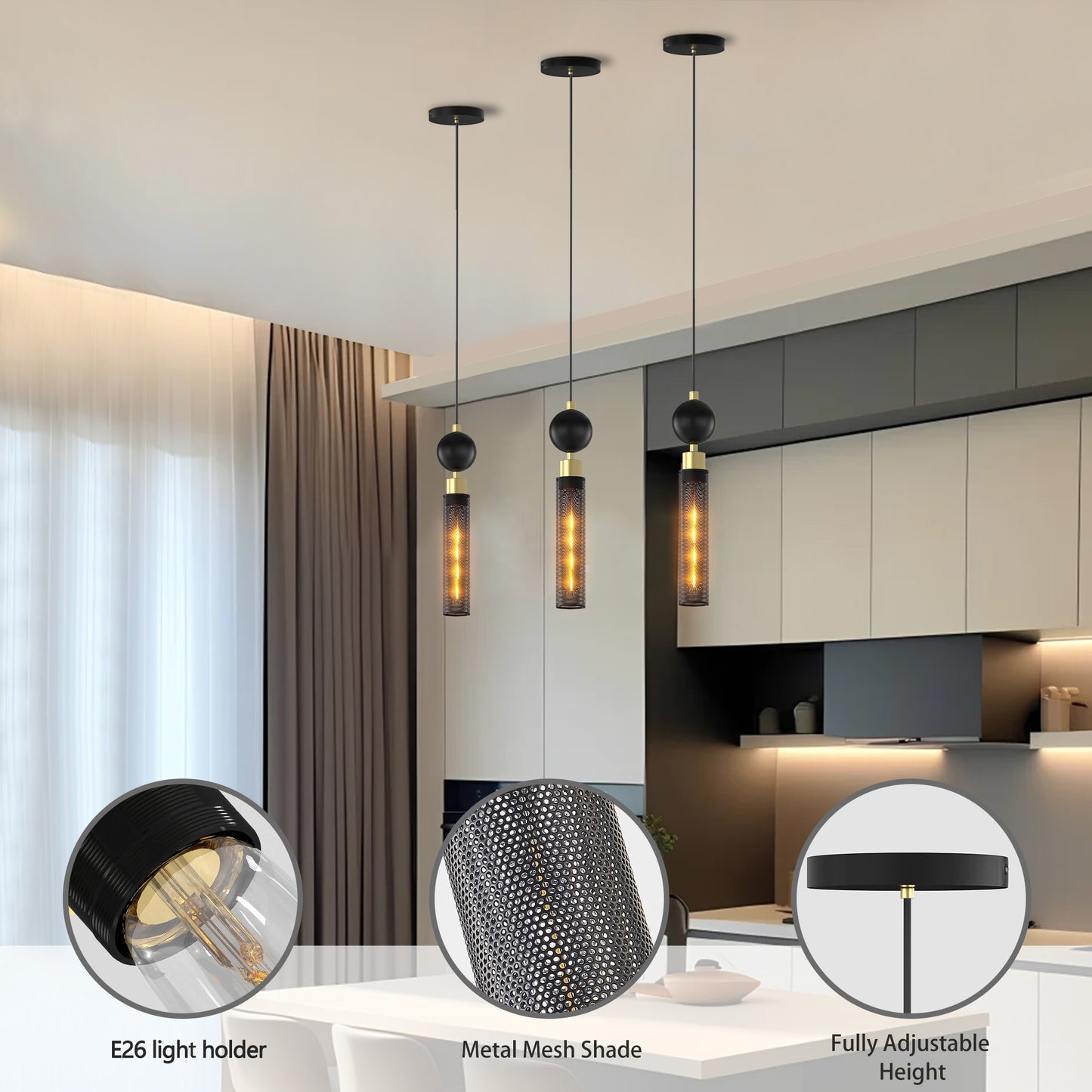 Matte Black Mesh Cylinder Pendant Light — Adjustable Cord — Set of 3