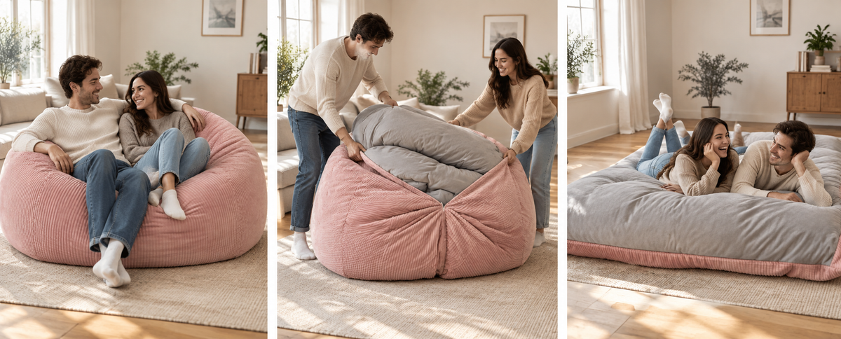 Convertible bean bag chair shown transforming into a bed in three steps
