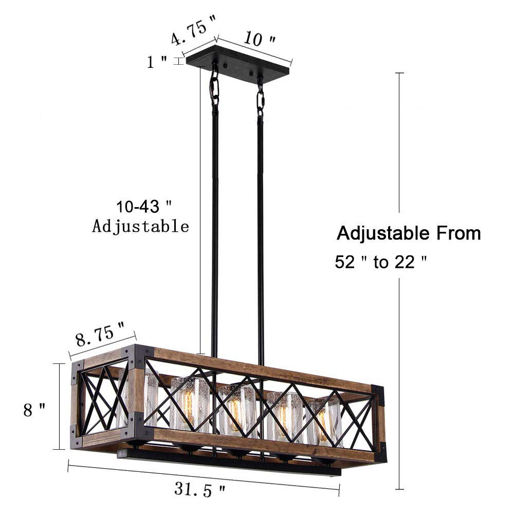 Walnut Industrial Farmhouse Chandelier — 5 Light — 32 Inch Rectangle Ceiling Light