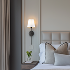 Gold wireless wall sconces beside a bed in a bedroom