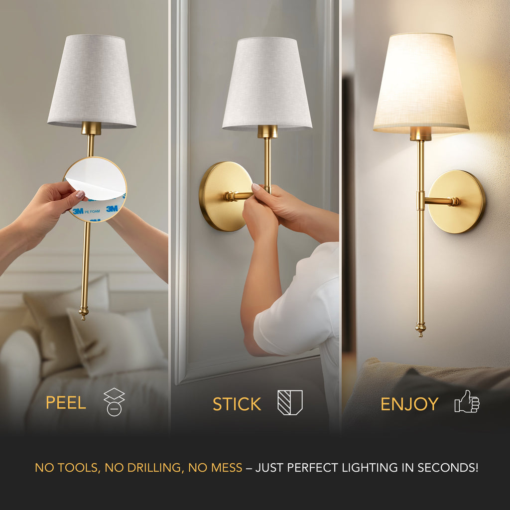 Rechargeable wall sconce with fabric shade glowing warm light, no wiring