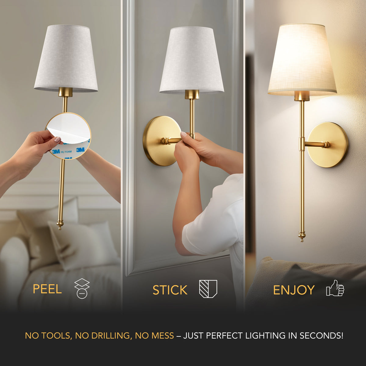 Rechargeable wall sconce with fabric shade glowing warm light, no wiring