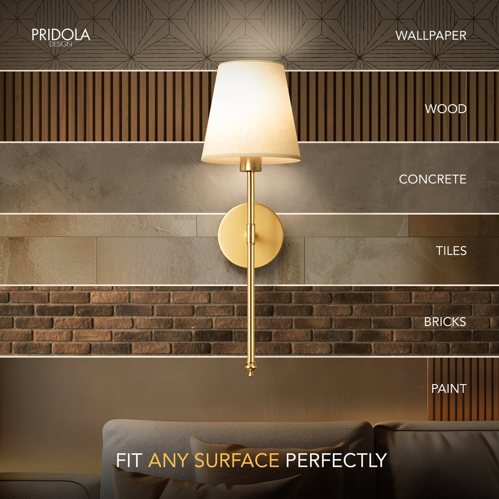 Wireless wall sconce with fabric shade, close-up of arm and shade