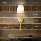 Wireless wall sconce with fabric shade, close-up of arm and shade