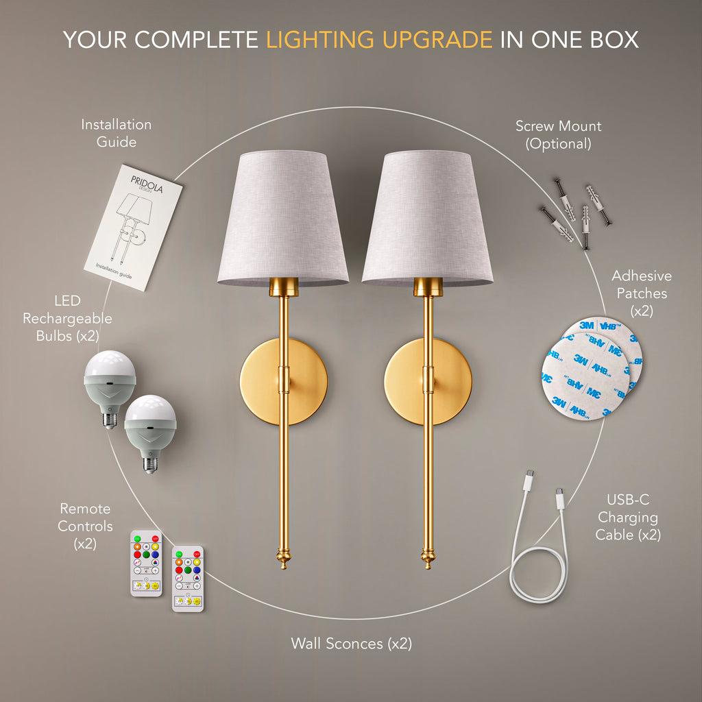 No wiring wall sconce installed with adhesive pad or screws