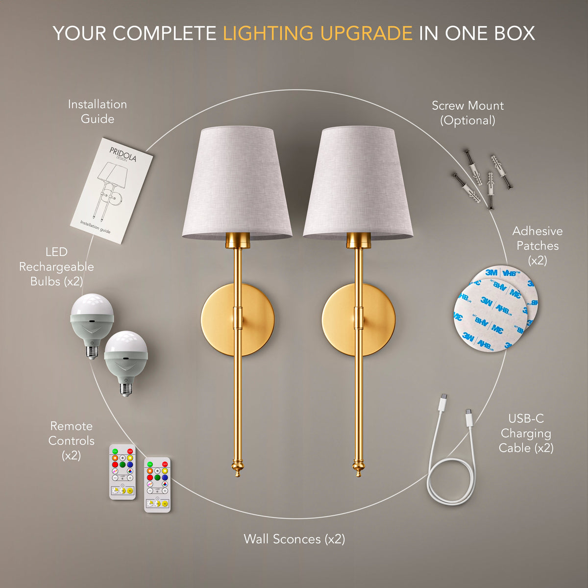 No wiring wall sconce installed with adhesive pad or screws