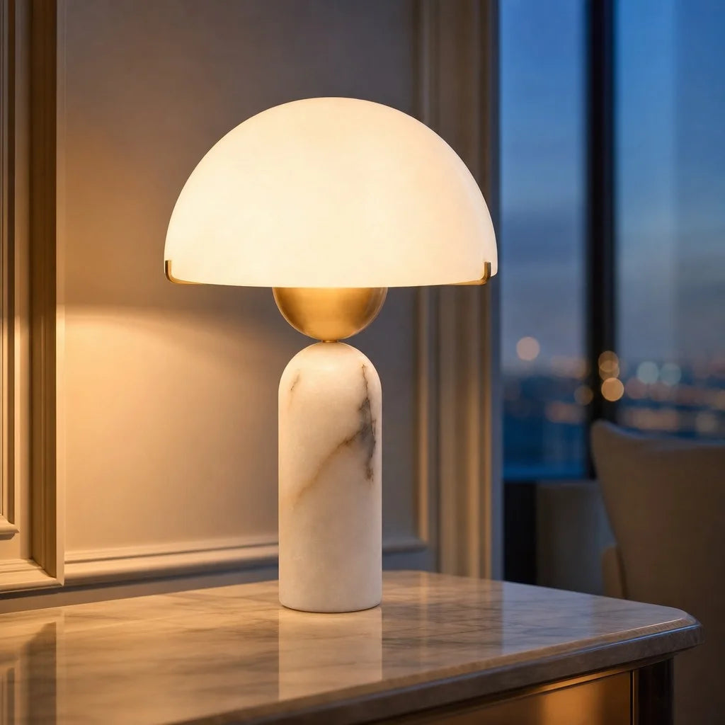 Stone Mushroom Dome Table Lamp with Gold Accent – Plug-In