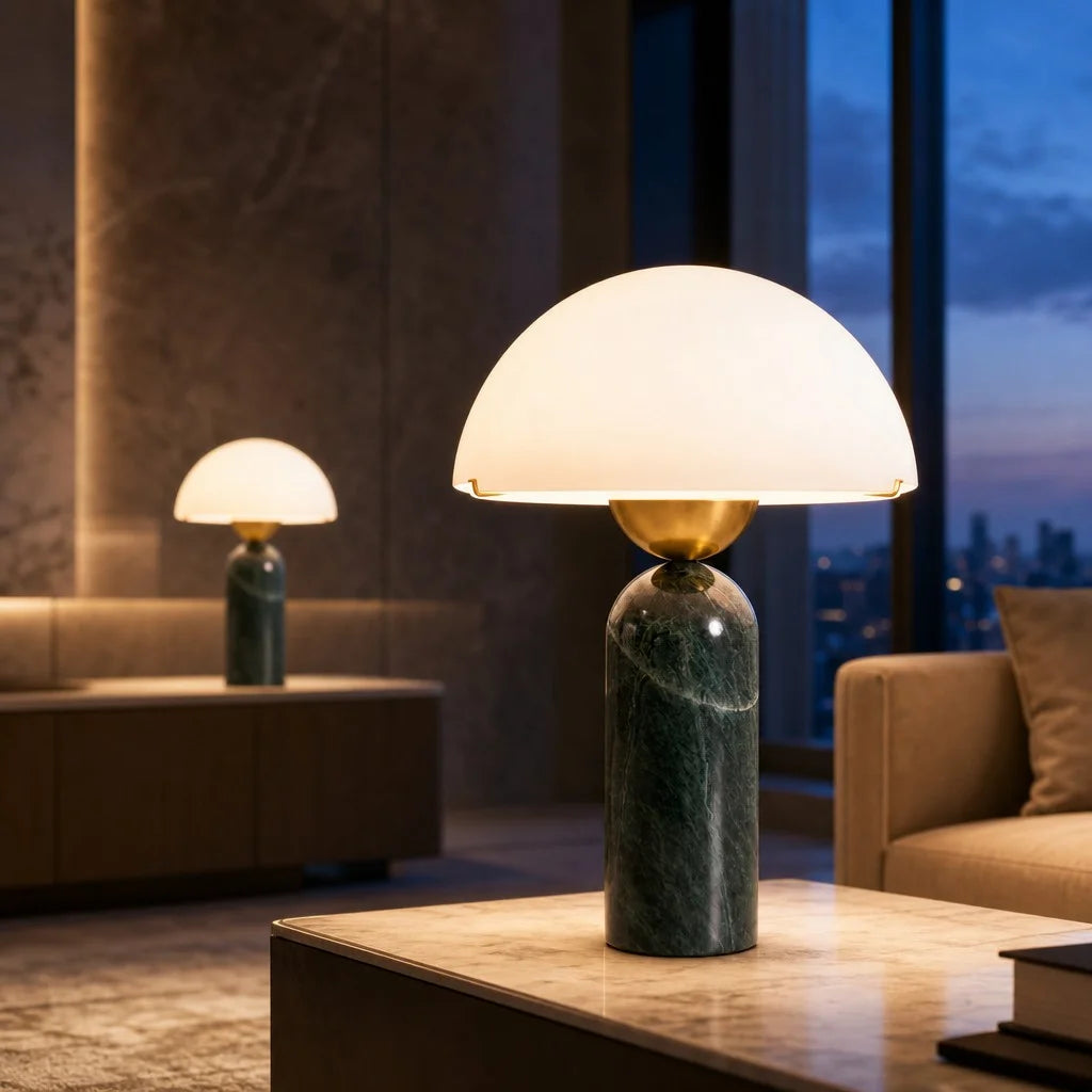 Stone Mushroom Dome Table Lamp with Gold Accent – Plug-In