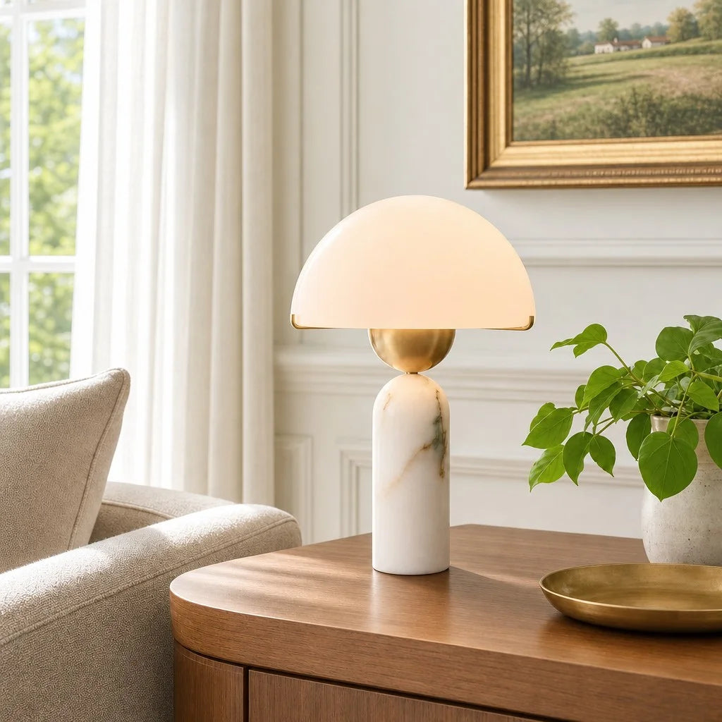 Stone Mushroom Dome Table Lamp with Gold Accent – Plug-In