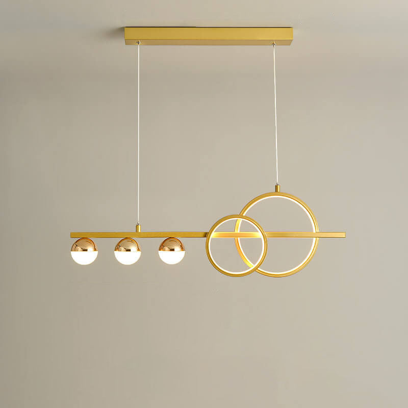 Small 31.5 inch gold linear LED chandelier with double rings and three globes