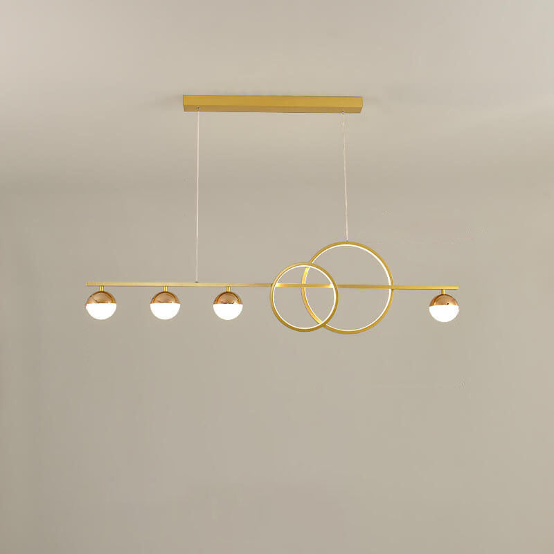 Medium 37.4 inch gold linear LED chandelier with double rings and four globes