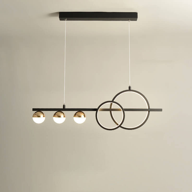 Small 31.5 inch black linear LED chandelier with double rings and three globes