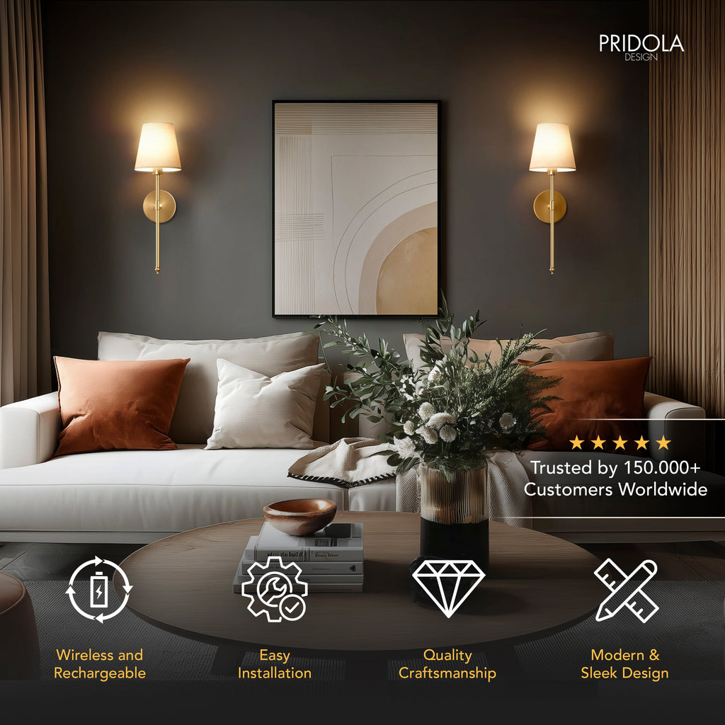 Pair of wireless wall sconces with fabric shades mounted on a wall