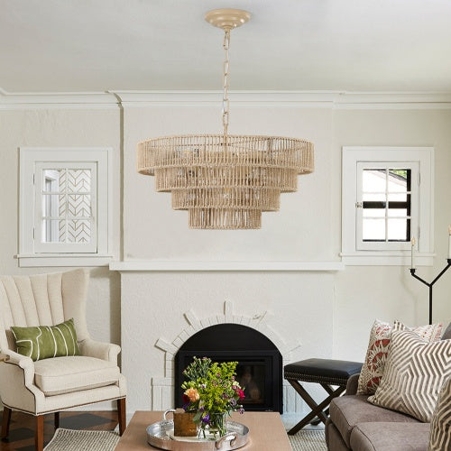 Bohemian Rattan Chandelier Light – 4-Tier Woven Pendant Ceiling Light for Dining Room, Living Room & Kitchen (19.7")