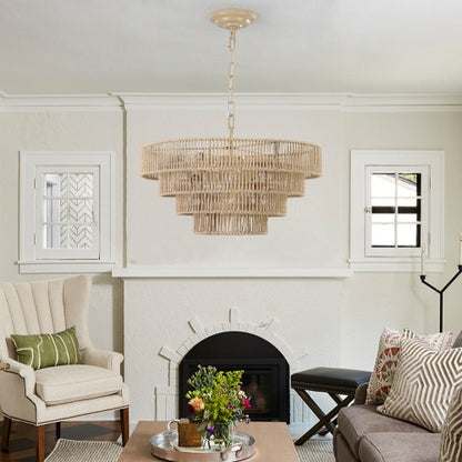 Bohemian Rattan Chandelier Light – 4-Tier Woven Pendant Ceiling Light for Dining Room, Living Room & Kitchen (19.7")