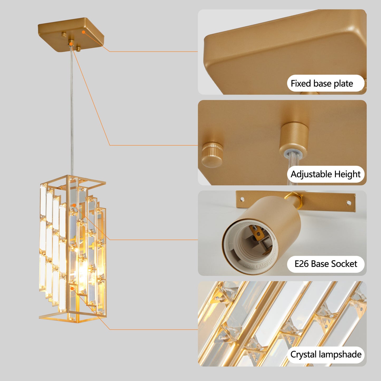 Gold Crystal Prism Pendant Light Set of 3 – Modern Kitchen Island Hanging Lights, Adjustable Height