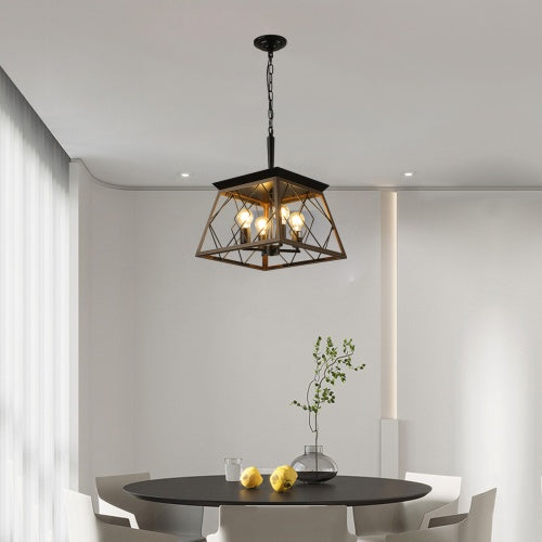 Walnut Black Farmhouse Geometric Chandelier — 4 Light — 15.7 Inch