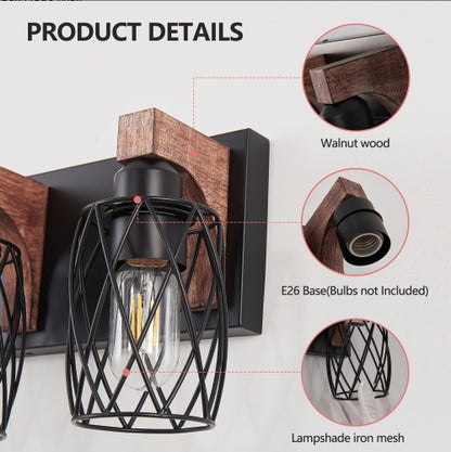 Walnut and Black Industrial Cage Wall Sconce — 3 Light — 18 Inch