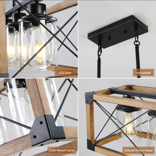 Walnut Industrial Farmhouse Chandelier — 5 Light — 32 Inch Rectangle Ceiling Light