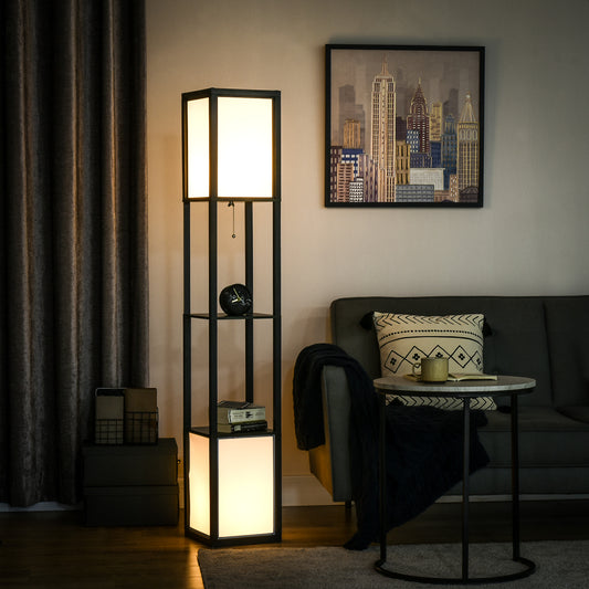 Black Shelf Tower Floor Lamp — Dual Ambient Light — 2 Open Shelves — 61.5 Inch