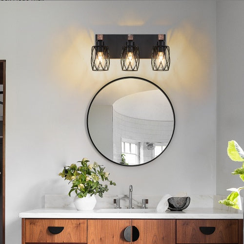 Walnut and Black Industrial Cage Wall Sconce — 3 Light — 18 Inch