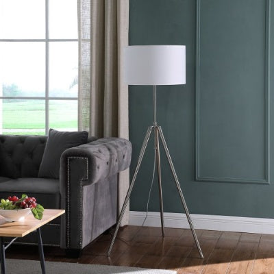 Silver Chrome Tripod Floor Lamp — Mid-Century Drum Shade — Adjustable Height 47–64 Inch