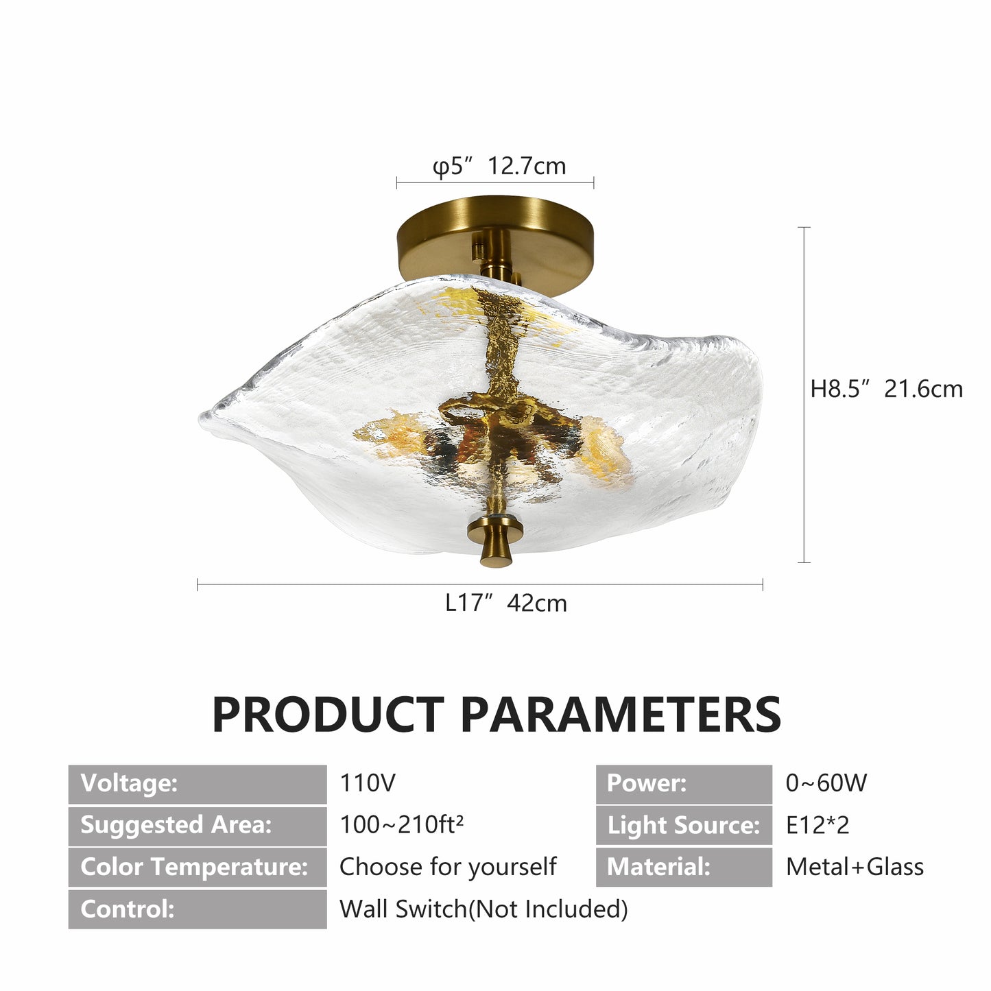 Gold Cracked Petal Glass Semi Flush Mount Ceiling Light — 2 Light — 16.5 Inch