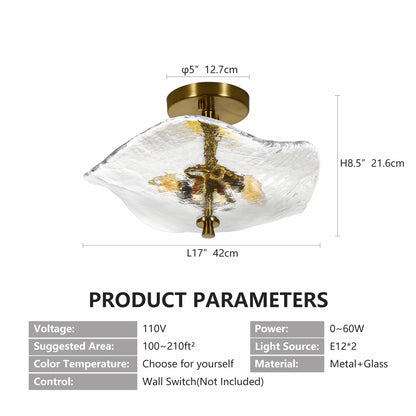 Gold Cracked Petal Glass Semi Flush Mount Ceiling Light — 2 Light — 16.5 Inch
