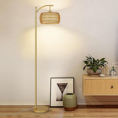 Gold Arc Rattan Drum Floor Lamp — Dimmable LED — Remote and App Control