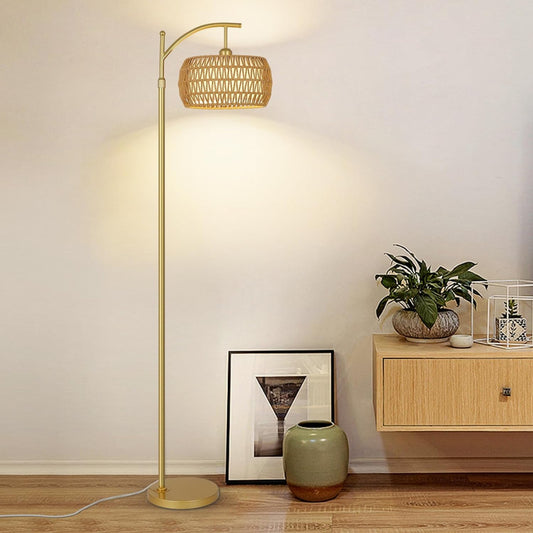 Gold Arc Rattan Drum Floor Lamp — Dimmable LED — Remote and App Control