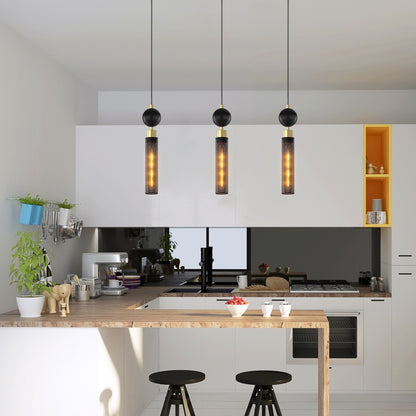 Matte Black Mesh Cylinder Pendant Light — Adjustable Cord — Set of 3