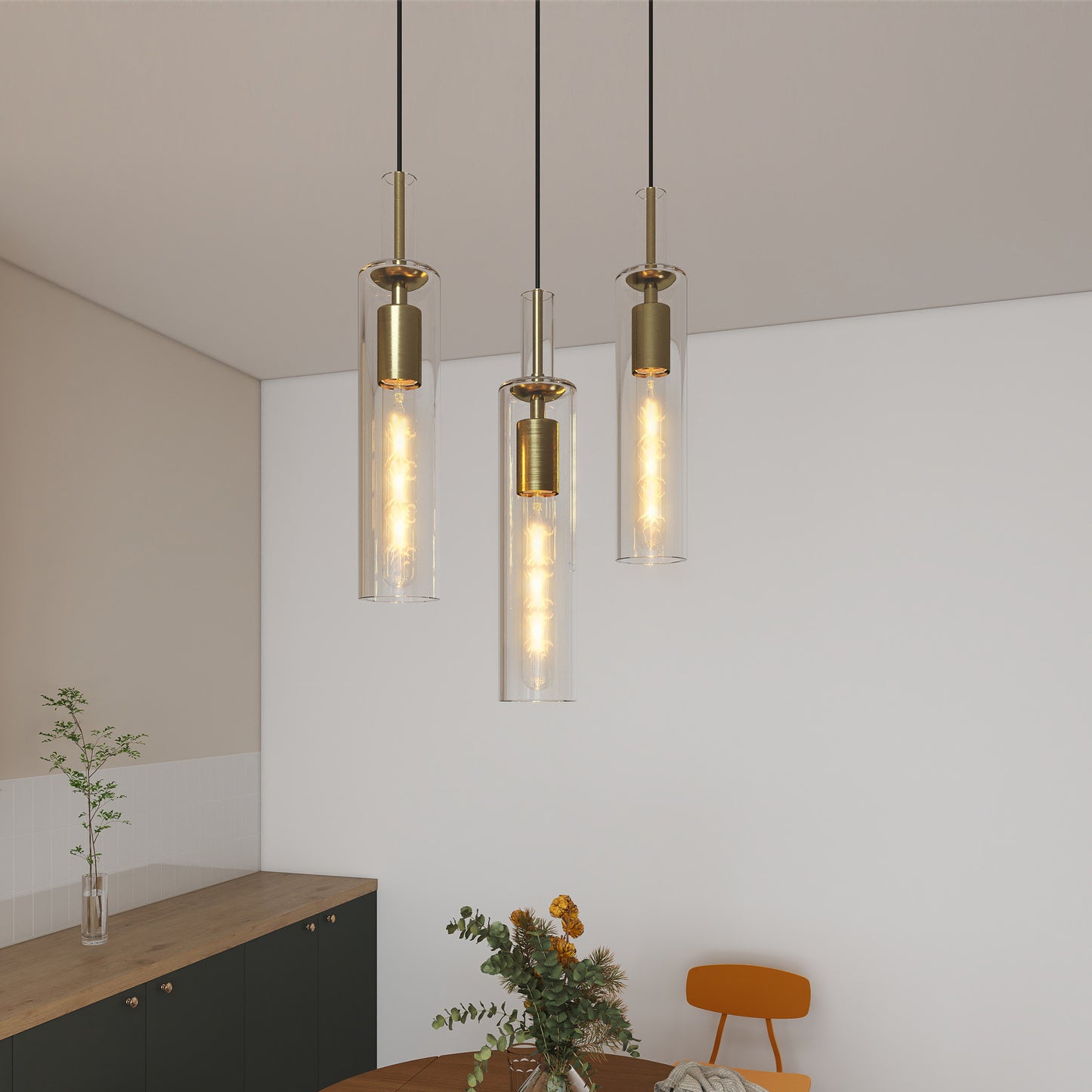 Brass Glass Cylinder Pendant Light — Set of 3