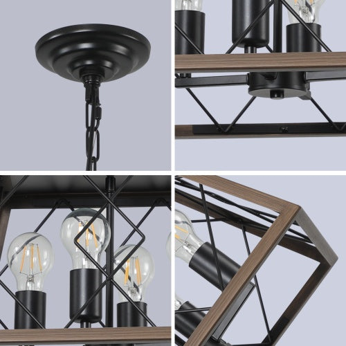 Walnut Black Farmhouse Geometric Chandelier — 4 Light — 15.7 Inch