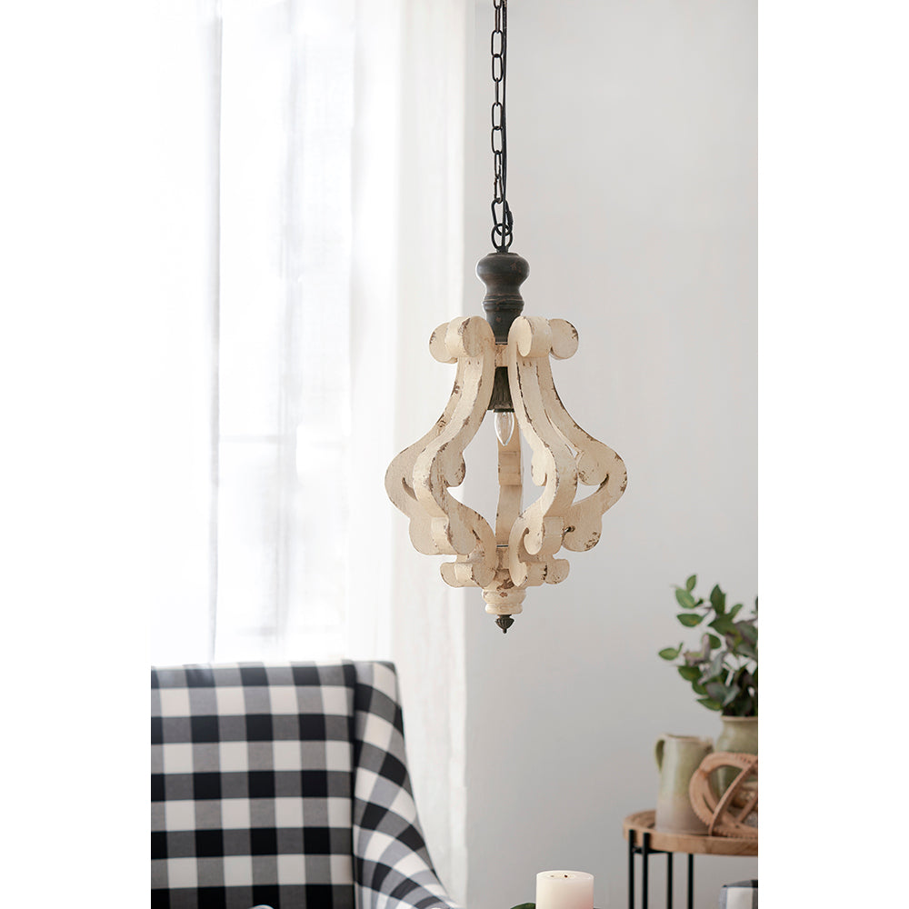 Antique Cream Farmhouse Wood Chandelier — French Country Rustic Ceiling Light