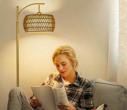 Gold Arc Rattan Drum Floor Lamp — Dimmable LED — Remote and App Control