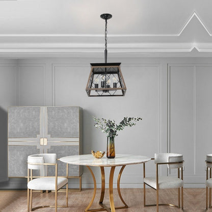 Walnut Black Farmhouse Geometric Chandelier — 4 Light — 15.7 Inch