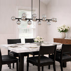 Modern linear chandelier for kitchen island and dining room, black frame and smoky gray glass