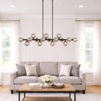Smoky gray glass globe linear chandelier with soft diffused light for dining and kitchen spaces