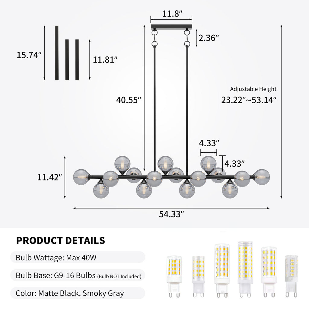 Orbit linear sputnik chandelier dimensions: 54.33 in wide, 11.42 in high, adjustable height 23.22 to 53.14 in, G9 bulbs