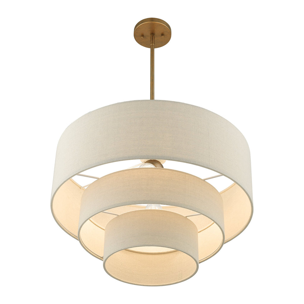 Modern three-tier fabric drum pendant chandelier in beige and antique gold