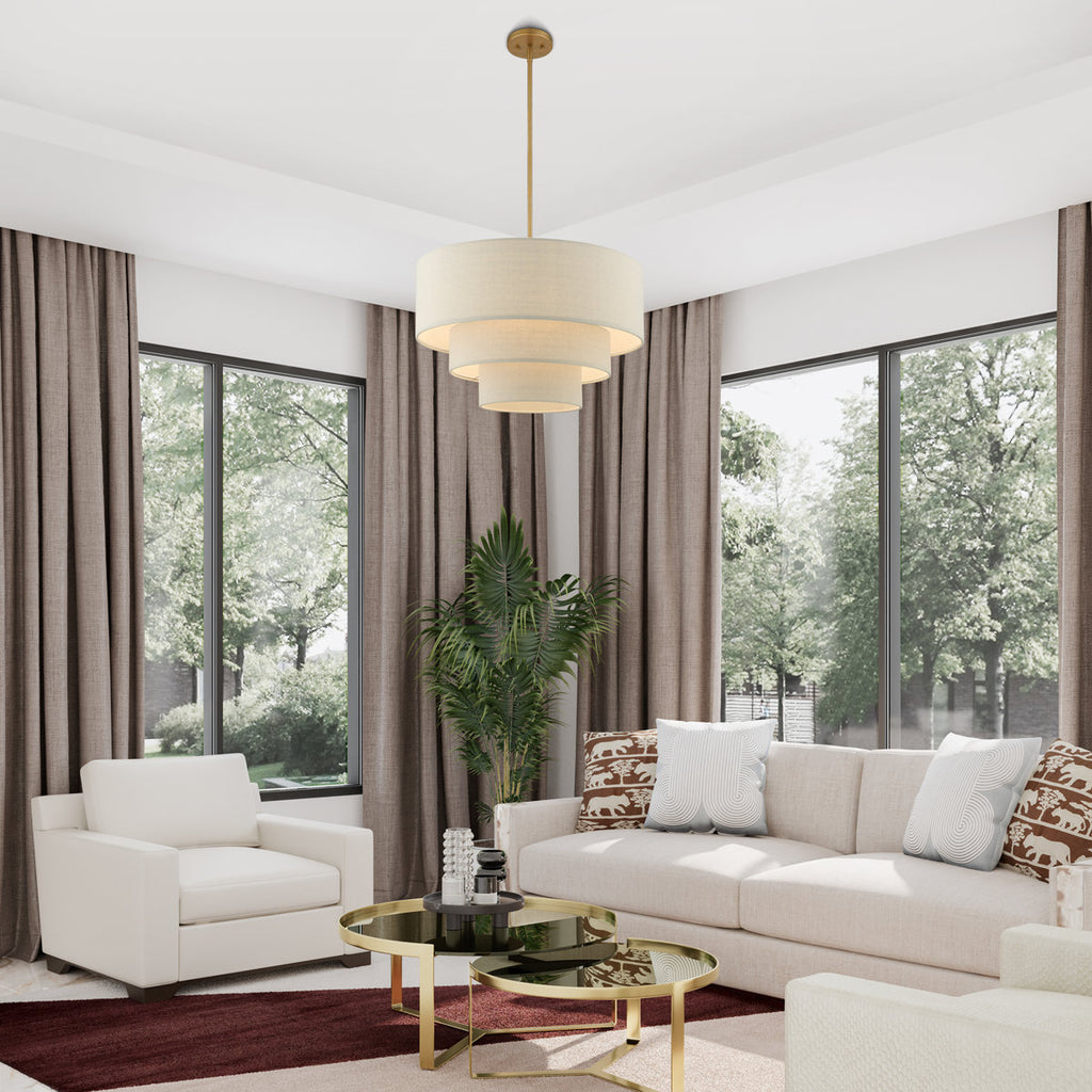 Strata tiered drum chandelier, 23 inch beige fabric shade with antique gold downrod and canopy