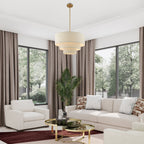 Strata tiered drum chandelier, 23 inch beige fabric shade with antique gold downrod and canopy